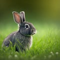 Sedate easter Silver Fox rabbit portrait full body sitting in green field Royalty Free Stock Photo