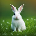 Sedate easter white Hotot rabbit portrait full body sitting in green field