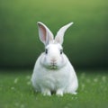 Sedate easter white Hotot rabbit portrait full body sitting in green field