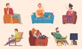 Sedentary lifestyle. Man and woman sitting relaxing eating food lazy working fat unhealthy characters watching tv vector