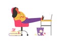 Sedentary lifestyle woman falling asleep flat vector illustration isolated.