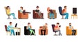 Sedentary man and woman on couch watching tv, phone, reading. Lazy lifestyle cartoon vector characters isolated