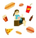 Sedentary woman eating fast food on the couch.