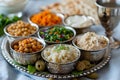 Seder dinner table with decorations, wine and food. Traditional Jewish kosher meals