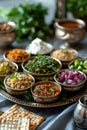 Seder dinner table with decorations, wine and food. Traditional Jewish kosher meals