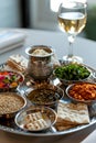 Seder dinner table with decorations, wine and food. Traditional Jewish kosher meals