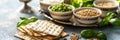 Seder dinner table with decorations, wine and food. Traditional Jewish kosher meals