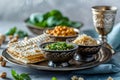 Seder dinner table with decorations, wine and food. Traditional Jewish kosher meals