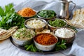 Seder dinner table with decorations, wine and food. Traditional Jewish kosher meals