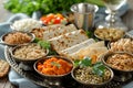 Seder dinner table with decorations, wine and food. Traditional Jewish kosher meals