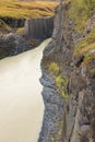 Geological layers of earth - layered rock. Close-up of sedimentary rock in Iceland. Royalty Free Stock Photo