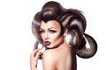 Seductive adult young female with creatie horns in hairstyle loo