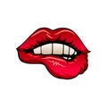 Seductive red female lips. Flat vector icon of woman s mouth with white teeth. Design for postcard, sticker, mobile app Royalty Free Stock Photo