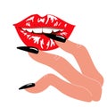 Seductive female lips painted red gloss, Erotic bite lip, Female fingers touching lips Vector clip art in flat style.