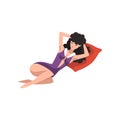 Seductive girl posing lying down on red pillow. Young pin-up model dressed in purple retro swimsuit. Cartoon woman with Royalty Free Stock Photo