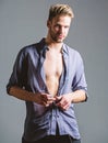 Seductive macho feeling sexy. Bohemian sexy body. Confident and attractive. Watch me. Time change clothes. Man handsome Royalty Free Stock Photo