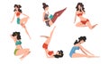 Seductive Pin up Girls Set, Beautiful Brunette Sensual Young Women Dressed Stylish Clothing in Various Poses Cartoon