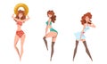 Seductive Pin up Girls Set, Beautiful Sensual Young Women Dressed Stylish Clothing Posing Cartoon Style Vector