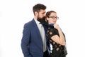 Seductive secretary. Business partners man with beard and woman flirting business conference or meeting. Boss and