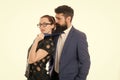 Seductive secretary. Business partners man with beard and woman flirting business conference or meeting. Boss and