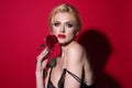 Seductive woman holding red rose. Fashion portrait of young beautiful lady with flowers. Portrait of elegant beautiful Royalty Free Stock Photo