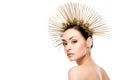 Seductive woman wearing golden headpiece and looking at camera Royalty Free Stock Photo