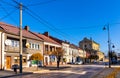 Historic tenement houses with Holy Mary Nativity church in Sedziszow Malopolski town in Podkarpacie region of Poland