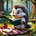 We see a cartoon hedgehog, who stands on two legs and has a cute smile on his face, engrossed in reading a book.