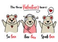 Three wise bears for valentines day vector stock / See love, hear love and speak love creative concept for greeting cards Royalty Free Stock Photo