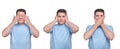 See nothing, hear nothing, say nothing concept. three adult middle aged men in blue t-shirts Royalty Free Stock Photo
