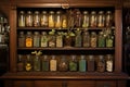 seed bank with labeled jars in a vintage cabinet