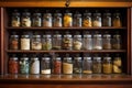 seed bank with labeled jars in a vintage cabinet