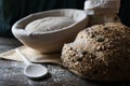 Seed bread, sourdough loaf raw in proofing basket, Rye flour. Home made, organic food. Fresh bakery. Close up Royalty Free Stock Photo