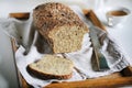 Seed crust multi grain rustic sourdough loaf, sliced at breakfast