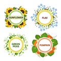 Seed emblems. Round labels with decorative wreaths for agricultural products. Sunflower, flax, green peas and pumpkin