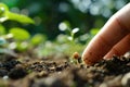 Seed on a fingertip against a blurred green backdrop, portraying the concept of growth and nature