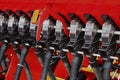 Seed heads on Swedish modern rapid agricultural combi box seed drill Vaderstad Rapid 400 C displayed on agricultural expo in Nitra
