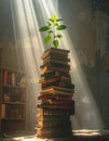 The Seed of Knowledge - Plant Growing on Old Books Royalty Free Stock Photo