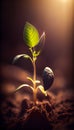 Young plant growing up from soil, strong sunlight. Textured green leaves. Blurred vertical background. Generative AI