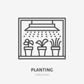 Seedling in grow light flat line icon. Plants growing in flowerpot sign. Thin linear logo for gardening, planting