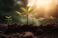 Seedling are growing from the rich soil with business arrow of growth Concept of business growth, profit. Generative AI Royalty Free Stock Photo