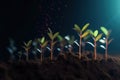 Seedling are growing from the rich soil with business arrow of growth Concept of business growth, profit. Generative AI Royalty Free Stock Photo