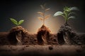 Seedling are growing from the rich soil. Concept of business growth, profit, development and success Generative AI Royalty Free Stock Photo