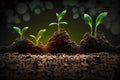 Seedling are growing from the rich soil. Concept of business growth, profit, development and success Generative AI Royalty Free Stock Photo