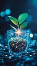 Seedling Plant Growing in a Glass Container Surrounded by Futuristic Light and Particles Royalty Free Stock Photo