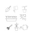 Seedling, Plant grows, step by step, sprouts, watering can, seeds sowing from a bag, shovel, rake, sun set icon, sticker Royalty Free Stock Photo