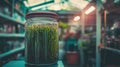Seedlings sprouting in glass jar, garden center, blurred background Royalty Free Stock Photo