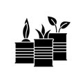 Seedlings in tins. Silhouette plants in cans. Outline recycle icon. Black simple illustration of home garden on windowsill,