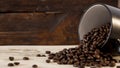 Seeds of coffee in a black cup on a wooden background Royalty Free Stock Photo