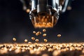 Seeds are dropping from a precision seeder onto dark soil, showcasing the planting process in an agricultural setting Royalty Free Stock Photo